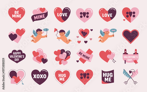 Colorful valentine's day themed sticker pack with hearts and affectionate messages Vector
