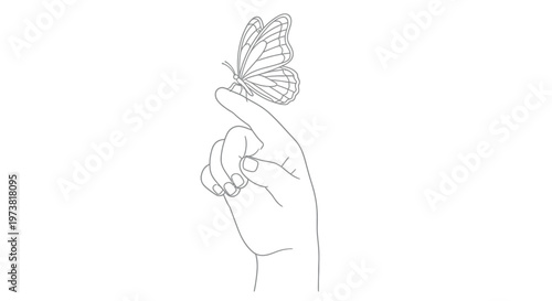 A hand gently holds a delicate monarch butterfly in a sketch illustration