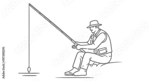Illustration of a fisherman sitting and fishing with a rod in a sketch style