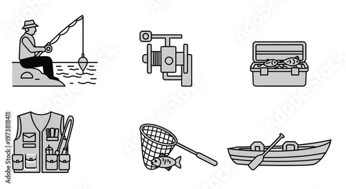 Fishing icons set fisherman tackle fish and related equipment in black and white