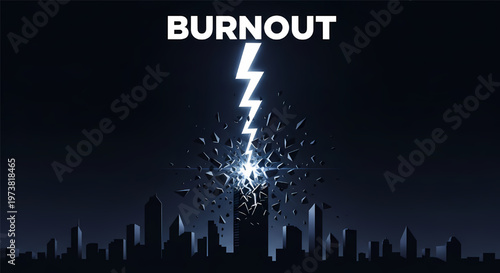 Burnout concept with city skyline and lightning bolt explosion at night its illustration only