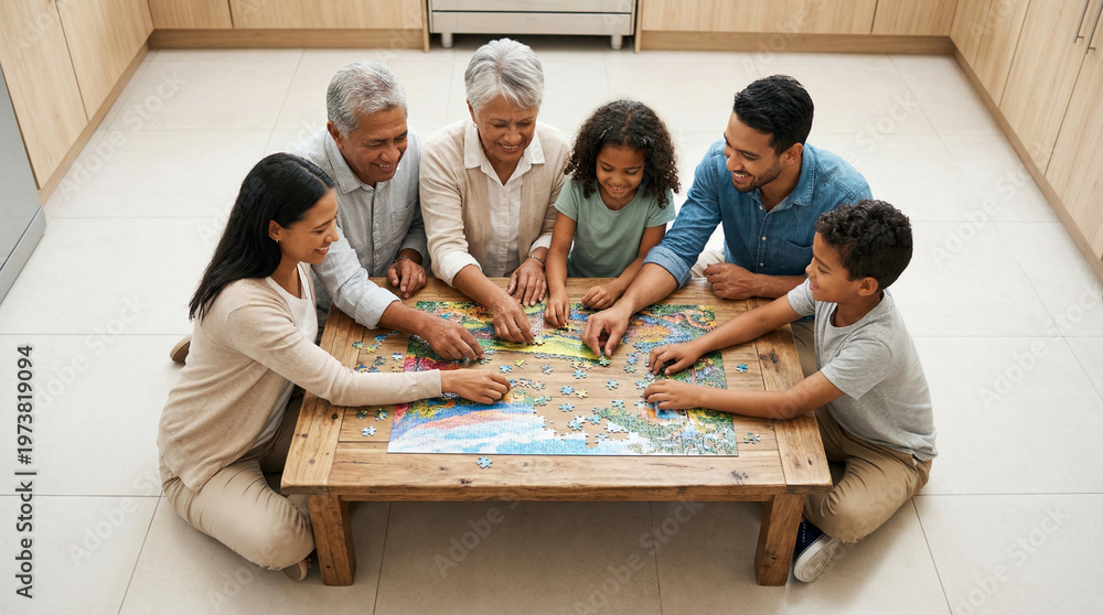 Fototapeta premium Multi-generational family assembling a jigsaw puzzle
