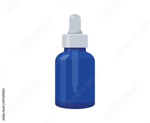 Flat vector illustration of a blue glass dropper bottle for essential oils or cosmetic serum