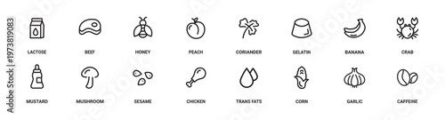 Minimalist Food and Drink Line Icons Set, 16 Editable Outline Vector Icons Including Butter, Beef, Bread, Cabbage, Cauliflower, Biscuits, Bananas, Crab, Beer Bottle, Mushroom, Cookies, Chicken Drumsti