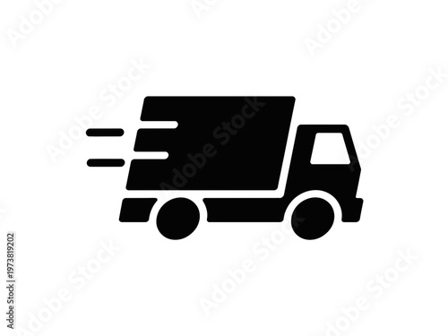 A black silhouette of a delivery truck speeding to the right
