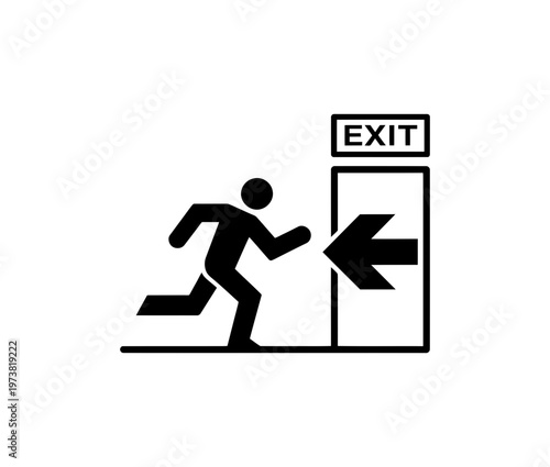 A person running towards an exit door with an arrow pointing to the right