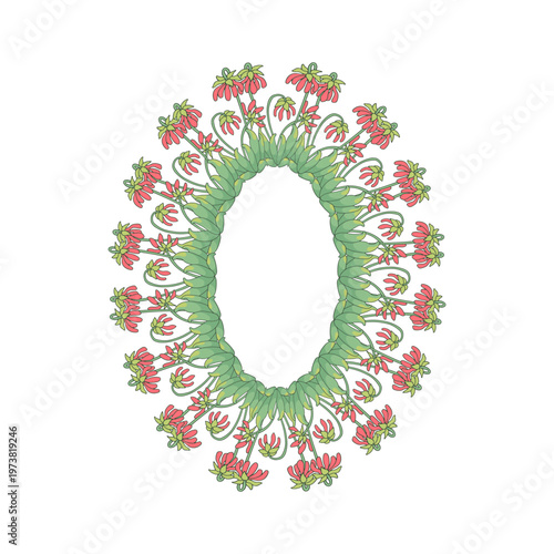 Hand drawn line art canary islands flowers parrot beaks wreath. Card template with cute floral frame.