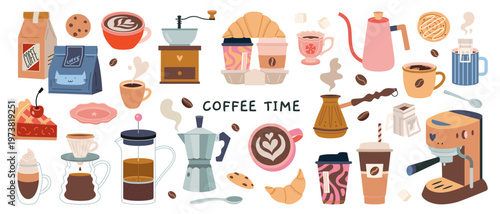 Coffee themed set with drinks, beans, desserts and brewing tools like grinder, cezve, moka pot and more. Cozy coffee time concept for cafe, menu and specialty culture. Modern flat vector illustration