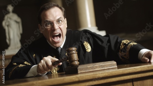 Judge yelling about tax in courtroom with gavel.
