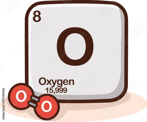 Oxygen element illustration from the periodic table with atomic number 8 and symbol O. Clean flat vector design with oxygen molecule representation, isolated on white background. 