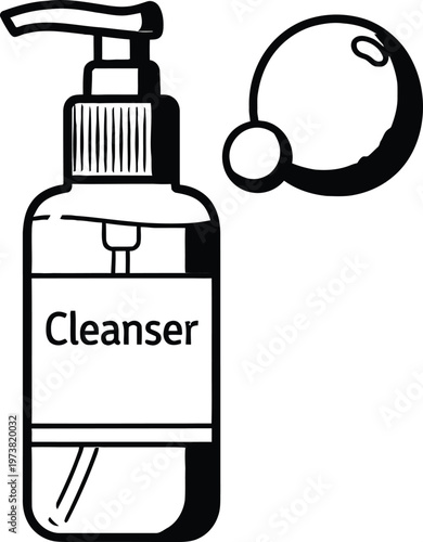 A simple black and white line art illustration featuring a bottle of facial cleanser with bubbles.
