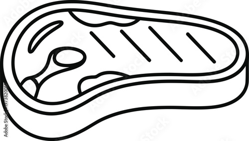 A simple black and white line art illustration of a raw piece of beef steak on a white background