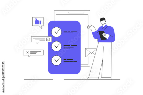 Online survey concept. Man giving feedback and answering questions marking checkbox in mobile form. Flat Cartoon Vector Illustration, icon Stylish abstract design landing page web