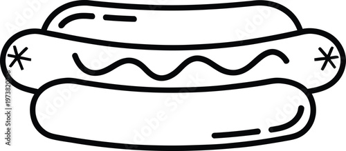 A simple black and white line art illustration of a classic hot dog in a soft bread bun icon