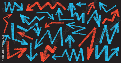 Set of arrow icons, various directions. Bold grunge brush drawn arrows with lightning shapes. Blue and red angled bold brush strokes with scratches. Vector hand drawn grunge direction pointers.