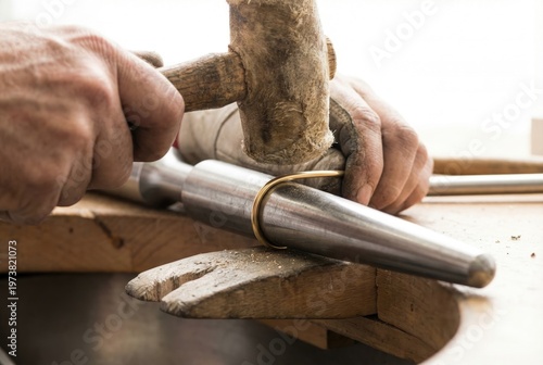 Fototapeta Goldsmith hands using wooden mallet to hammer and size gold ring on steel jeweler mandrel