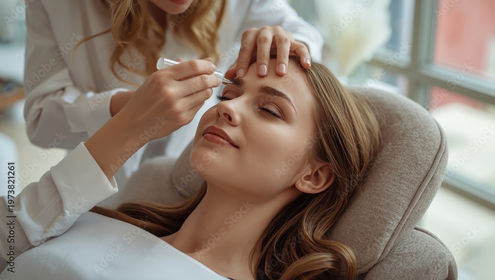 Fototapeta premium Close-up of a young woman undergoing eyelash lamination at a salon.
