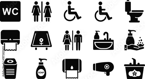 Essential public facility and hygiene care icons for universal design and accessibility