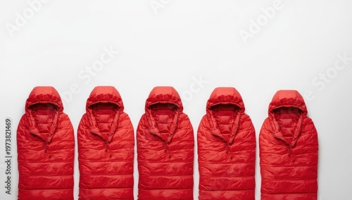 Collection of red sleeping bags on a white backdrop