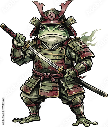 A green frog dressed in samurai armor holding a sword in each hand