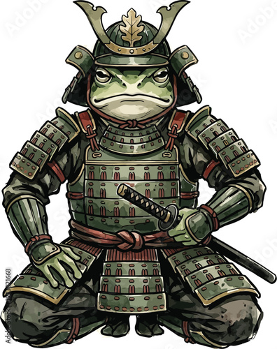 Frog samurai warrior in green armor with sword sitting on knees