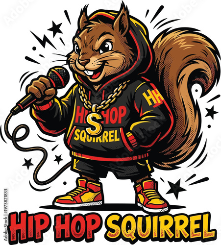 Hip hop cartoon squirrel character rapping with microphone