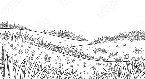 A serene landscape with wildflowers and grass.