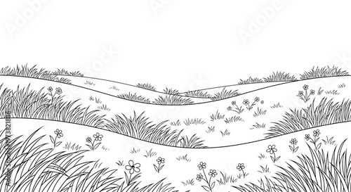 a black and white drawing of a field with flowers and grass.