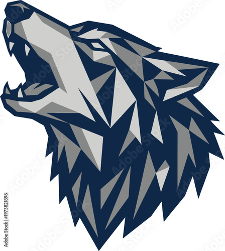 Geometric wolf head in navy blue and gray colors howling loudly