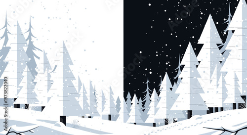 Snowy forest landscape with pine trees.