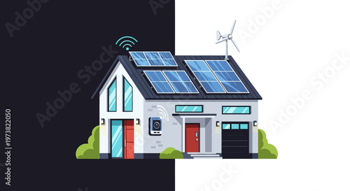 Eco-friendly house with solar panels and wind turbine.