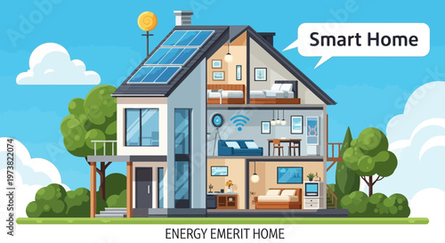 A detailed cross-section illustration of a modern smart home with solar panels, showing various rooms equipped with intelligent technology and energy-efficient features.