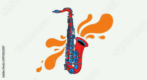 Vibrant red and blue saxophone with dynamic orange paint splatters on a clean white background, illustrating a lively musical theme.