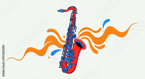 Vibrant graphic illustration of a red and blue saxophone with dynamic orange waves and blue splashes on a white background, symbolizing music and creativity.