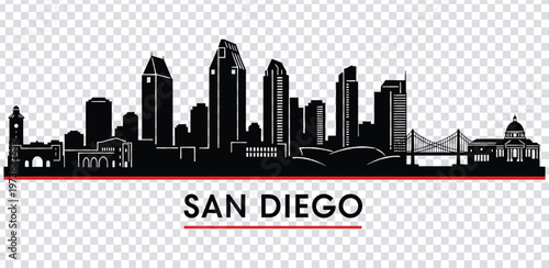 Vector illustration san diego city skyline silhouette with red line and text