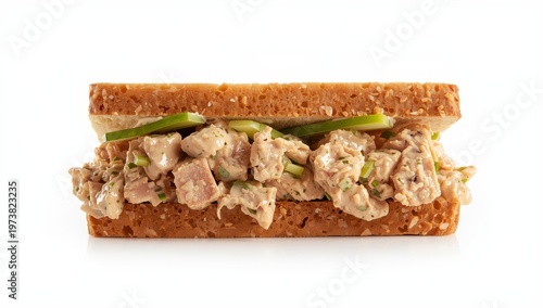 Homemade tuna sandwich on a white background.