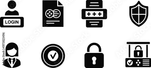 Modern flat vector icons for secure user access, data protection, and online safety solutions