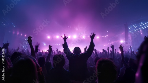 Vibrant music festival crowd with raised hands, purple stage lights at live concert event, energetic nightlife party atmosphere
