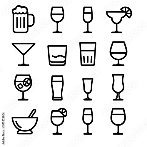 Collection of various drinkware icons in a simple line art style