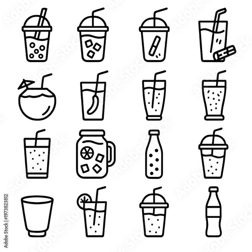 Collection of stylized line art icons representing various refreshing beverages and drinks
