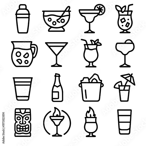 Collection of stylized line art icons representing various alcoholic and non-alcoholic beverages and barware