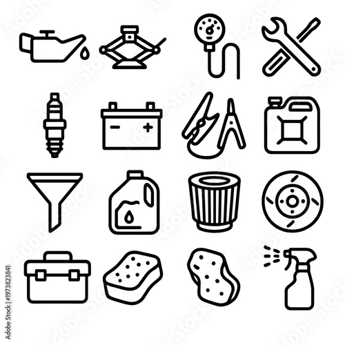Collection of car maintenance and repair tools and supplies icons