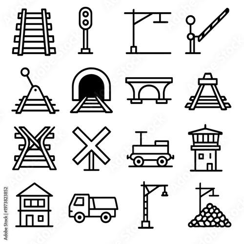 Collection of railway and transportation icons in a clean, modern line art style