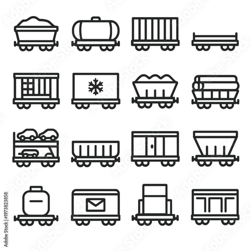 Collection of diverse train car icons representing various cargo and transport types