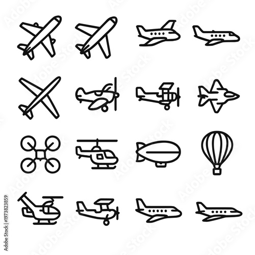 Collection of diverse aircraft icons including airplanes, helicopters, drones, and blimps