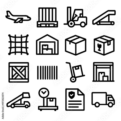 Logistics and shipping icons representing cargo, transport, and warehousing operations