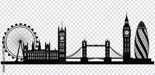 Vector illustration black silhouette of london city skyline with famous landmarks