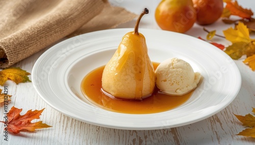 Pears in syrup with ice cream on white background
