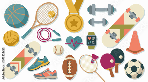 Flat lay illustration of diverse sports and fitness equipment collection