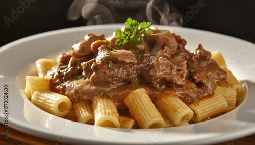 Rich meat sauce with rigatoni and herbs.